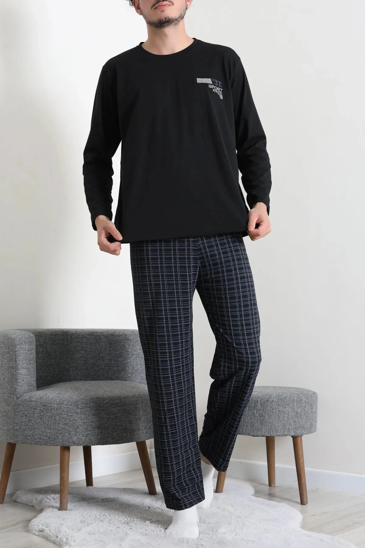 Süprem Ekose Erkek Pijama Takımı Siyah