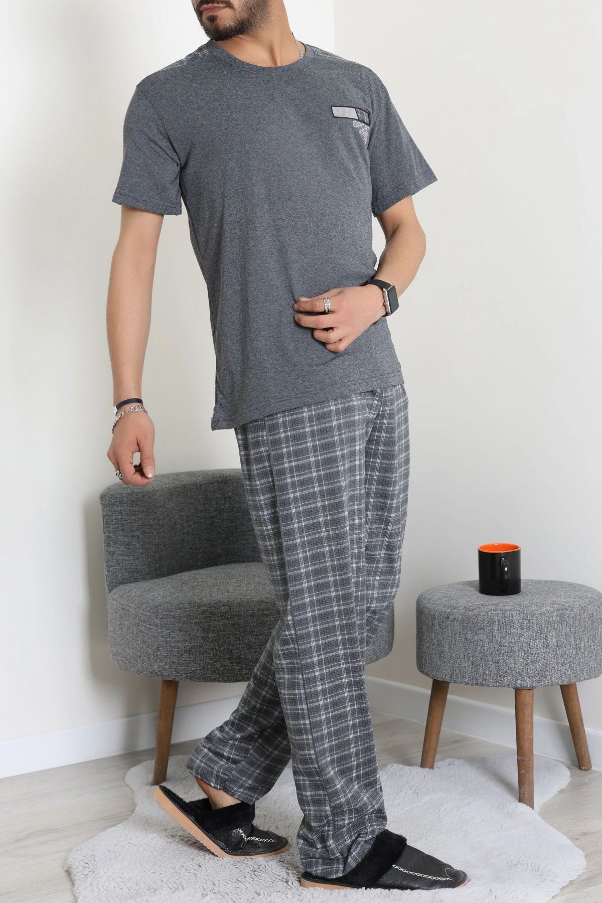 Süprem Ekose Erkek Pijama Takımı Füme - 41985.1048.