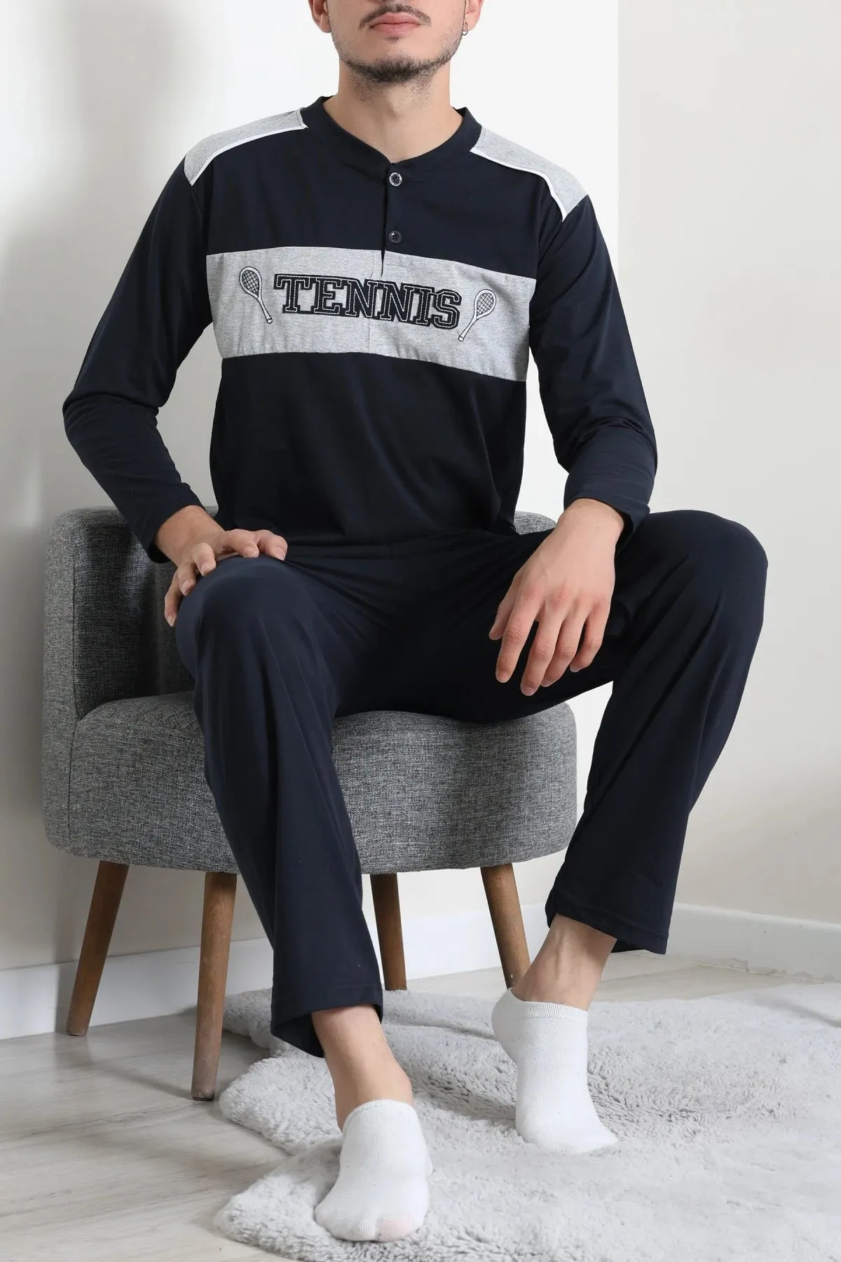 Süprem Patlı Garnili Erkek Pijama Takımı Lacivert