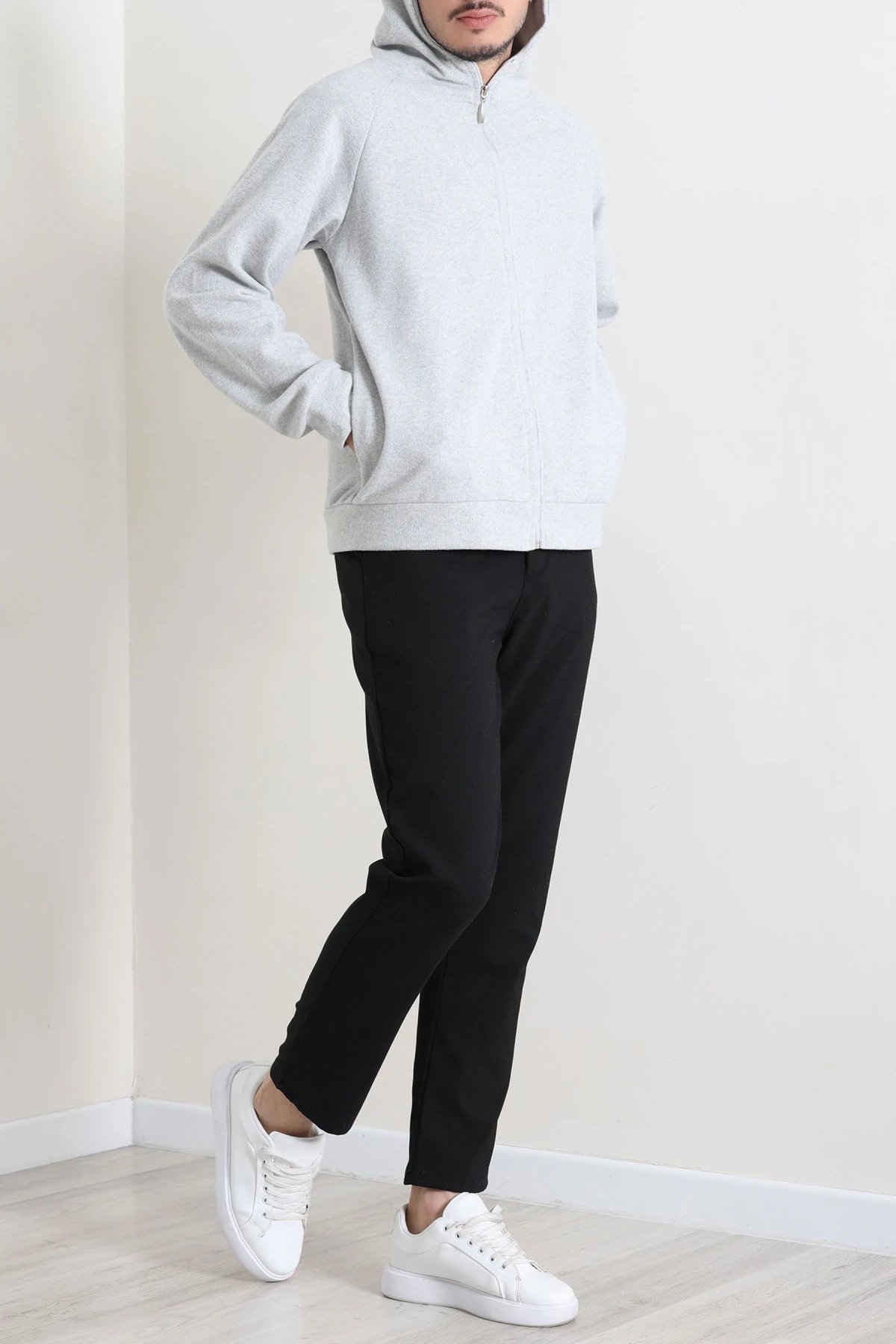 Selanik Kumaş Kapşonlu Erkek Sweat Gri