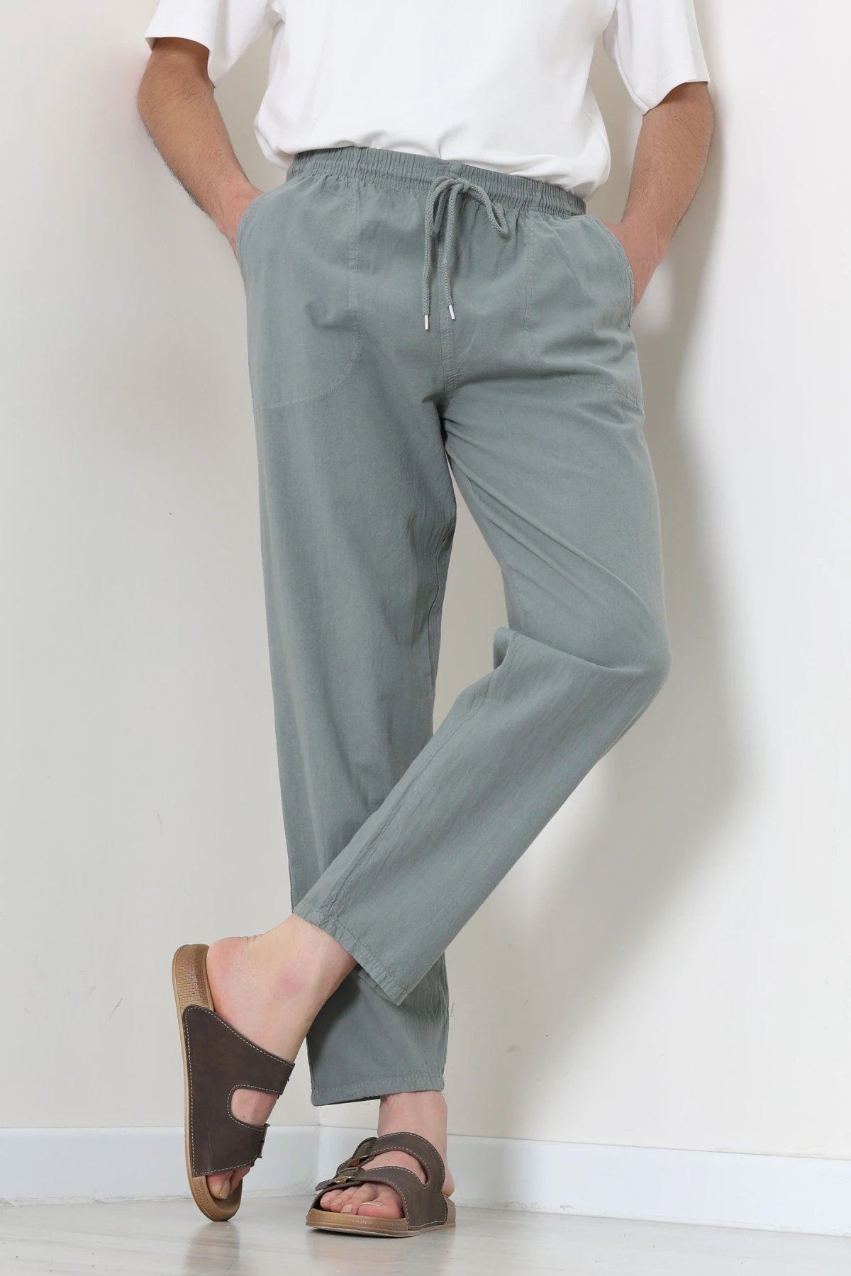 Beli Lastikli Keten Rahat Kesim Erkek Pantolon Haki - 71607.2170.