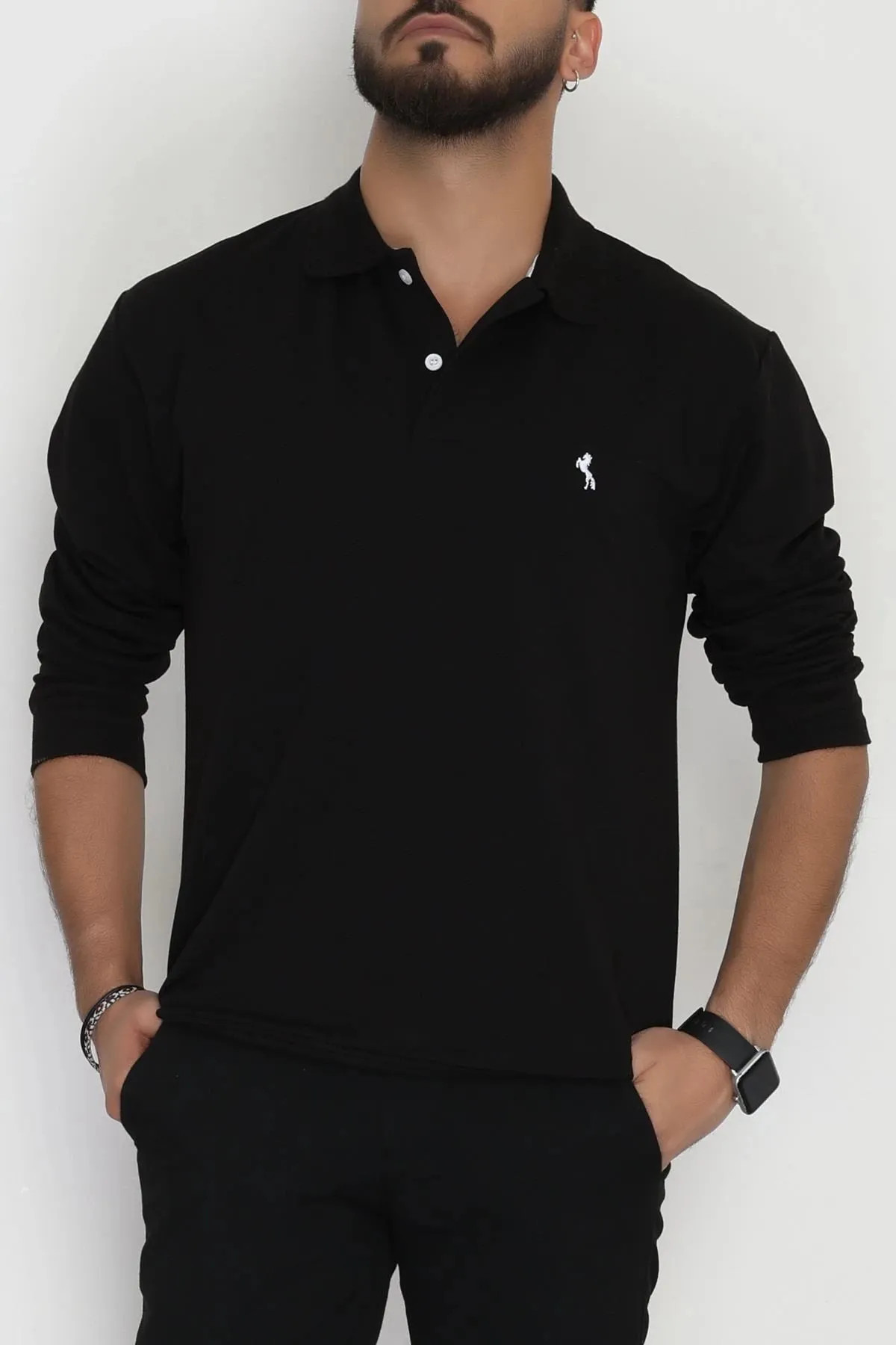 2 İplik Likralı Polo Yaka Erkek Sweat Siyah