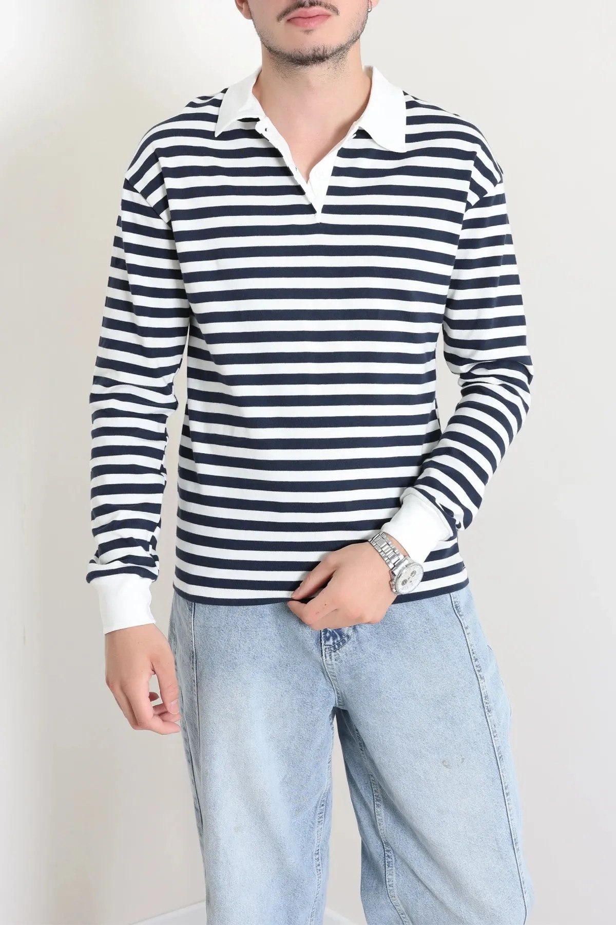 Polo Yaka Çizgili İnterlok Erkek Sweat Lacibeyaz