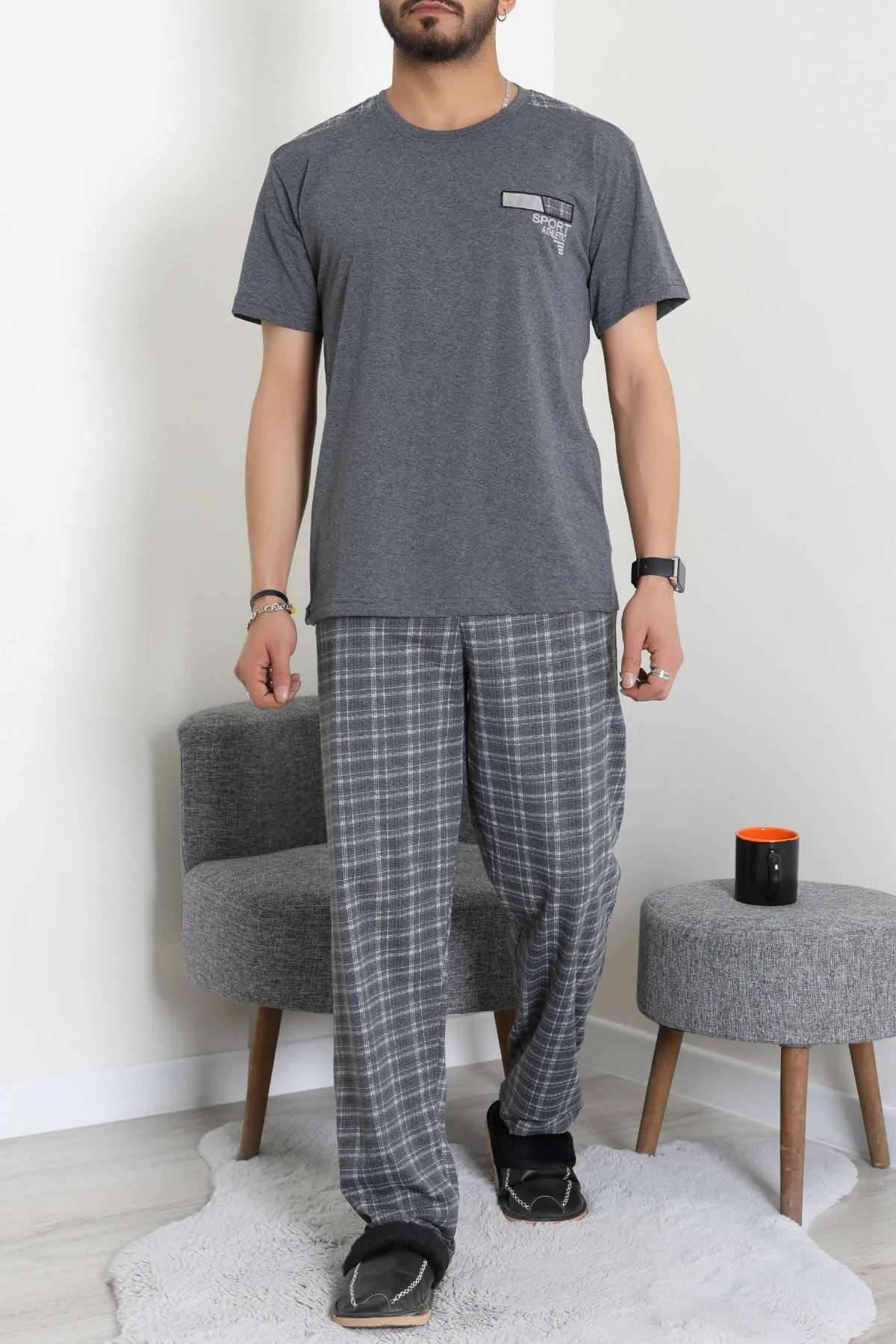 Süprem Ekose Erkek Pijama Takımı Füme - 41985.1048.