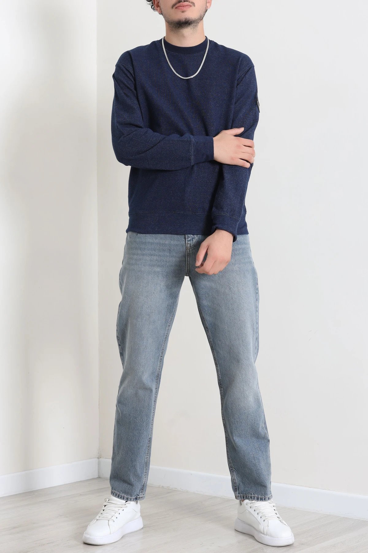 Bisiklet Yaka Uzun Kol Erkek Sweatshirt Lacivert