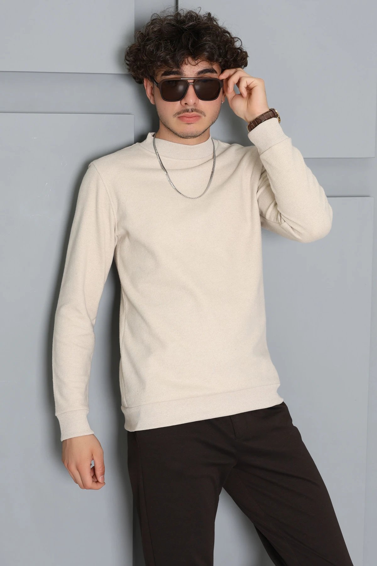 Selanik Yarım Boğazlı Erkek Sweat Bej
