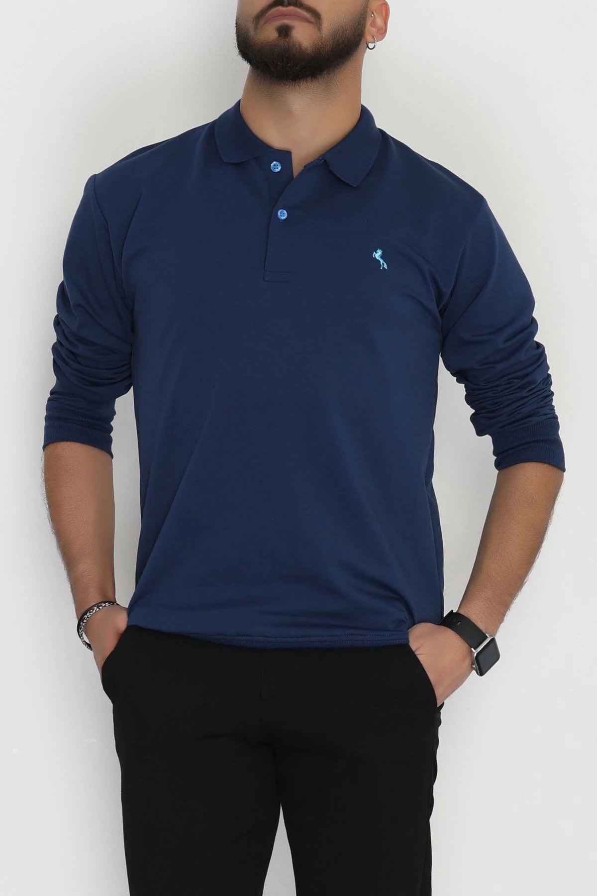2 İplik Likralı Polo Yaka Erkek Sweat Lacivert