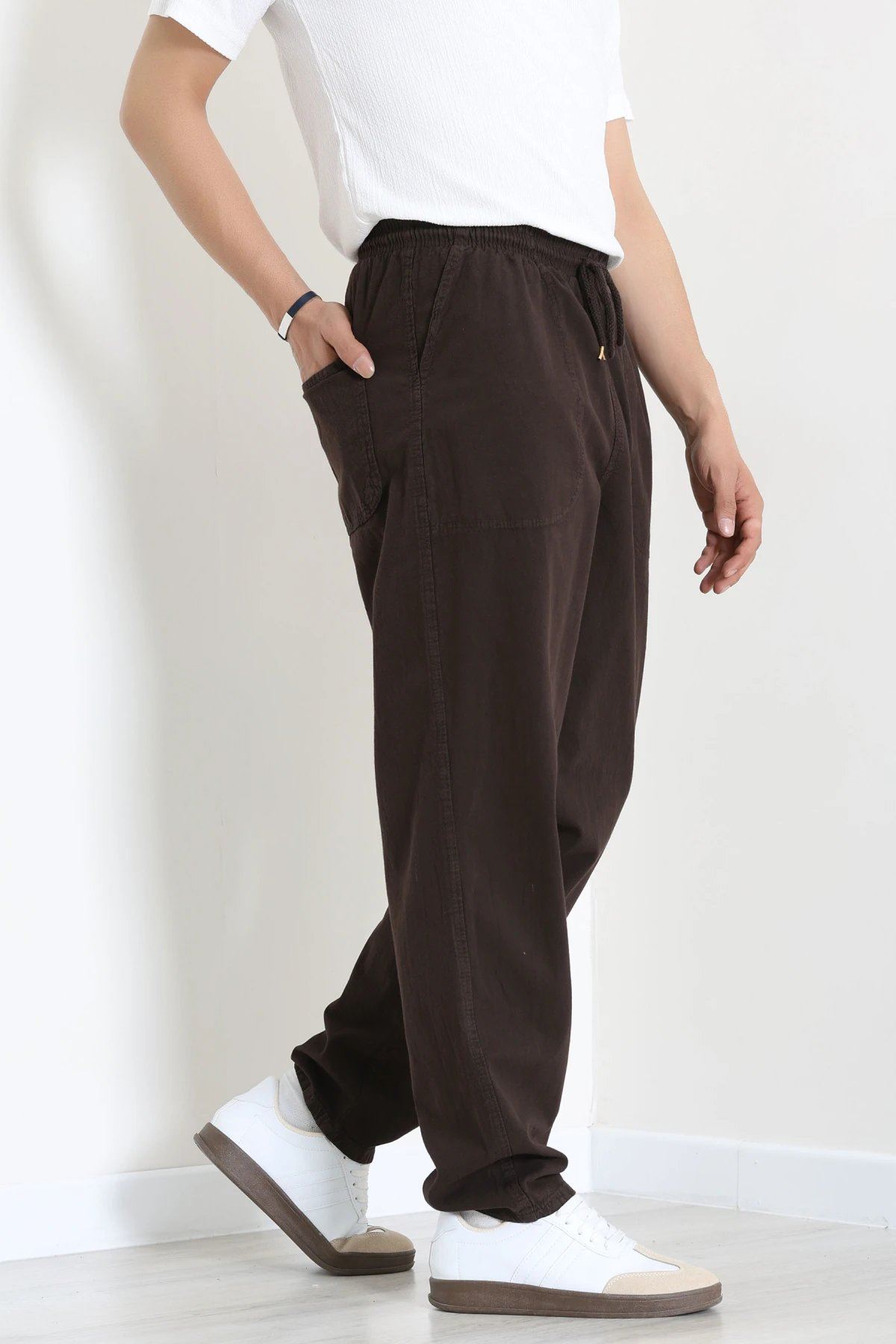 Beli Lastikli Keten Rahat Kesim Erkek Pantolon Kahve - 71607.2170.