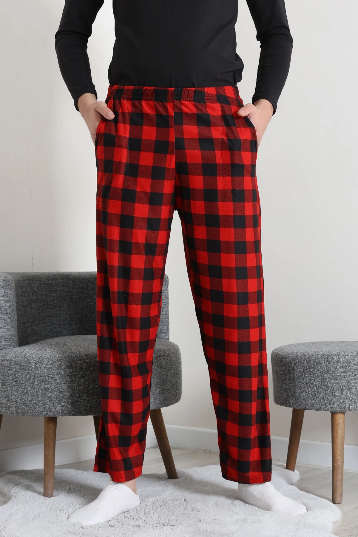 Süet Cepli Erkek Pijama Alt Kırmızı