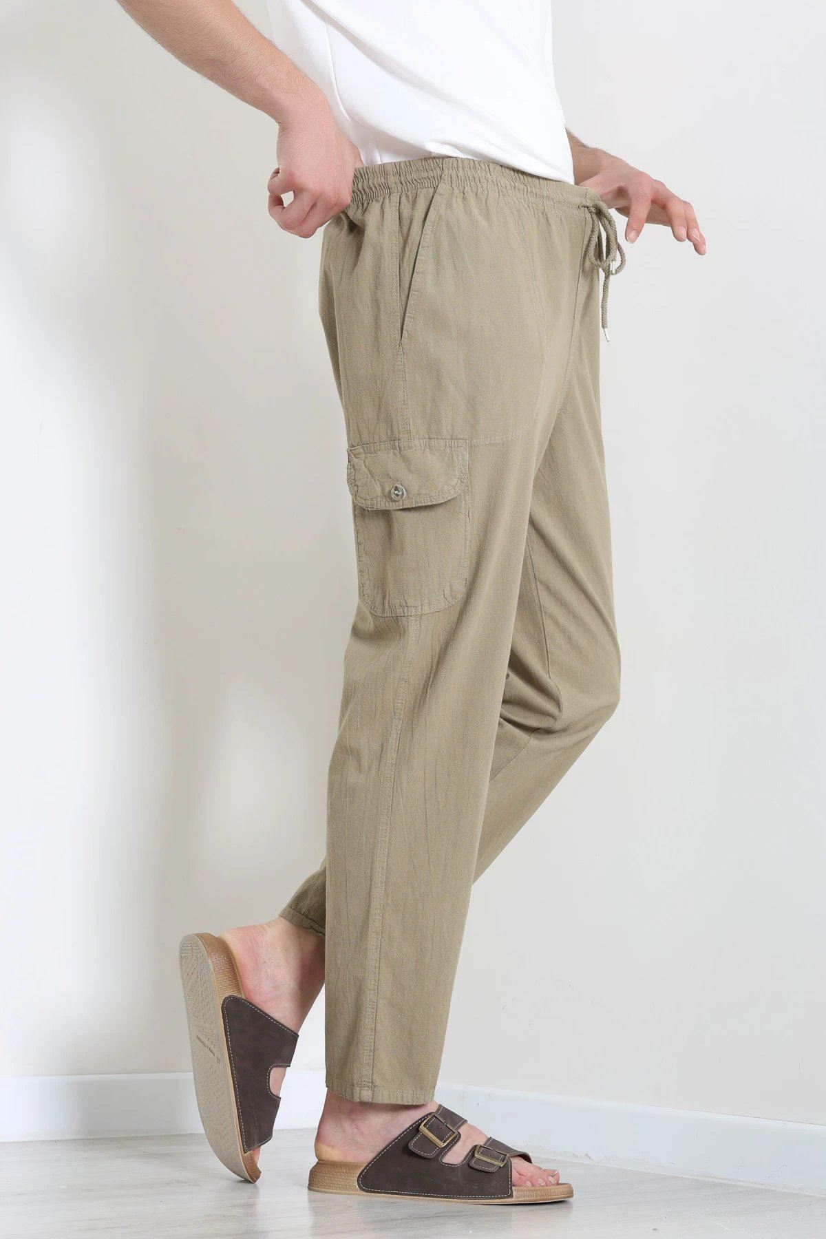 Keten Beli Lastikli Kargo Cepli Erkek Pantolon Açıkhaki - 75036.2170.