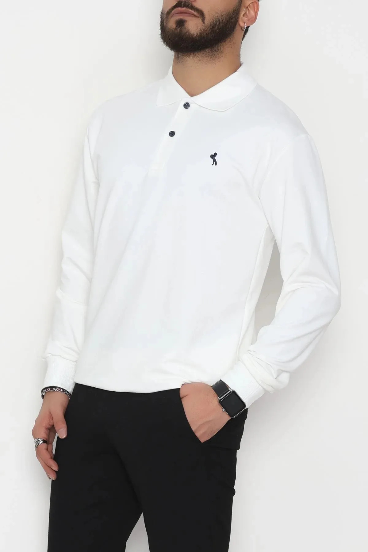 2 İplik Likralı Polo Yaka Erkek Sweat Beyaz