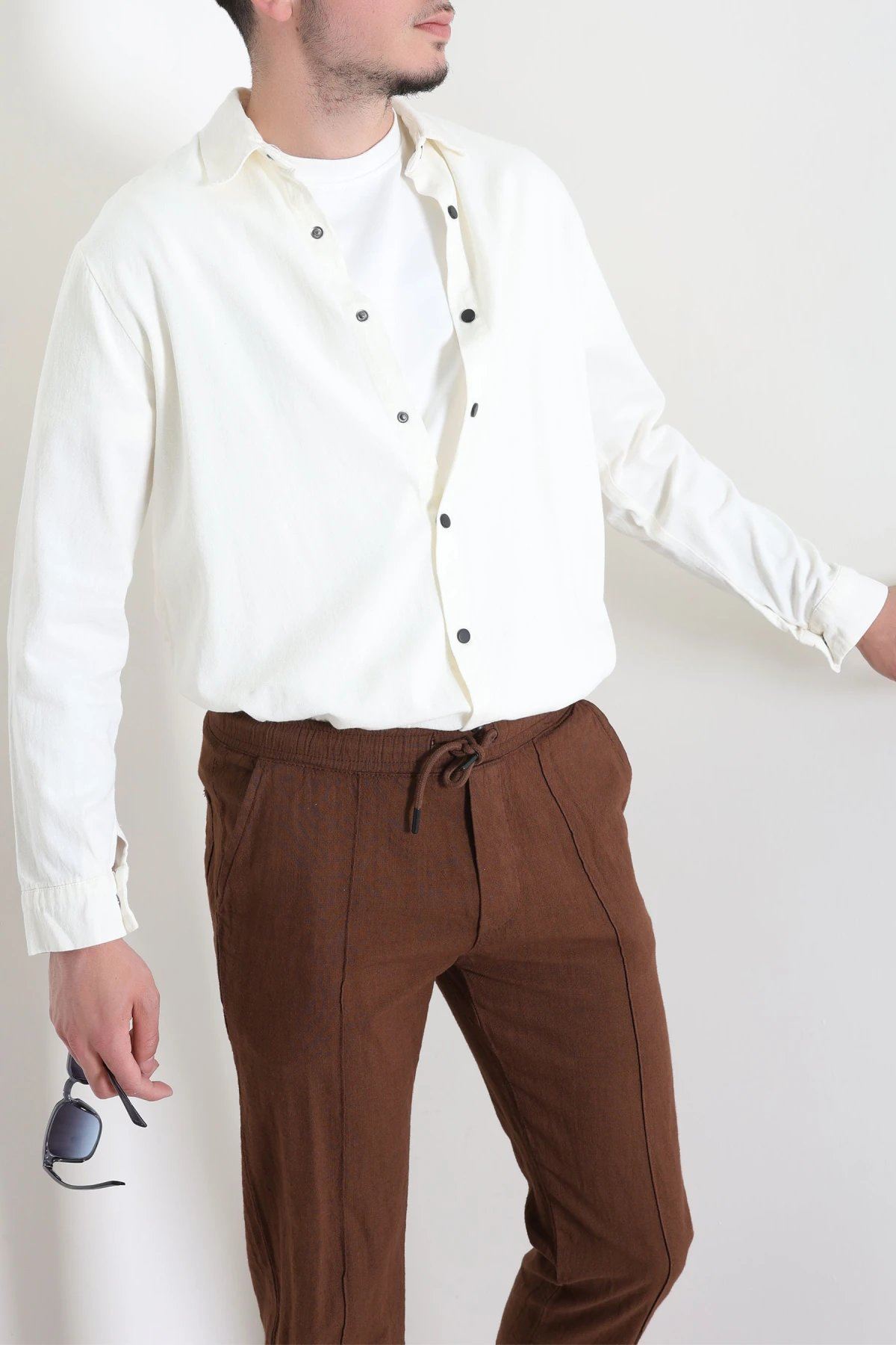 Gabardin Kumaş Cepli Erkek Gömlek Ekru