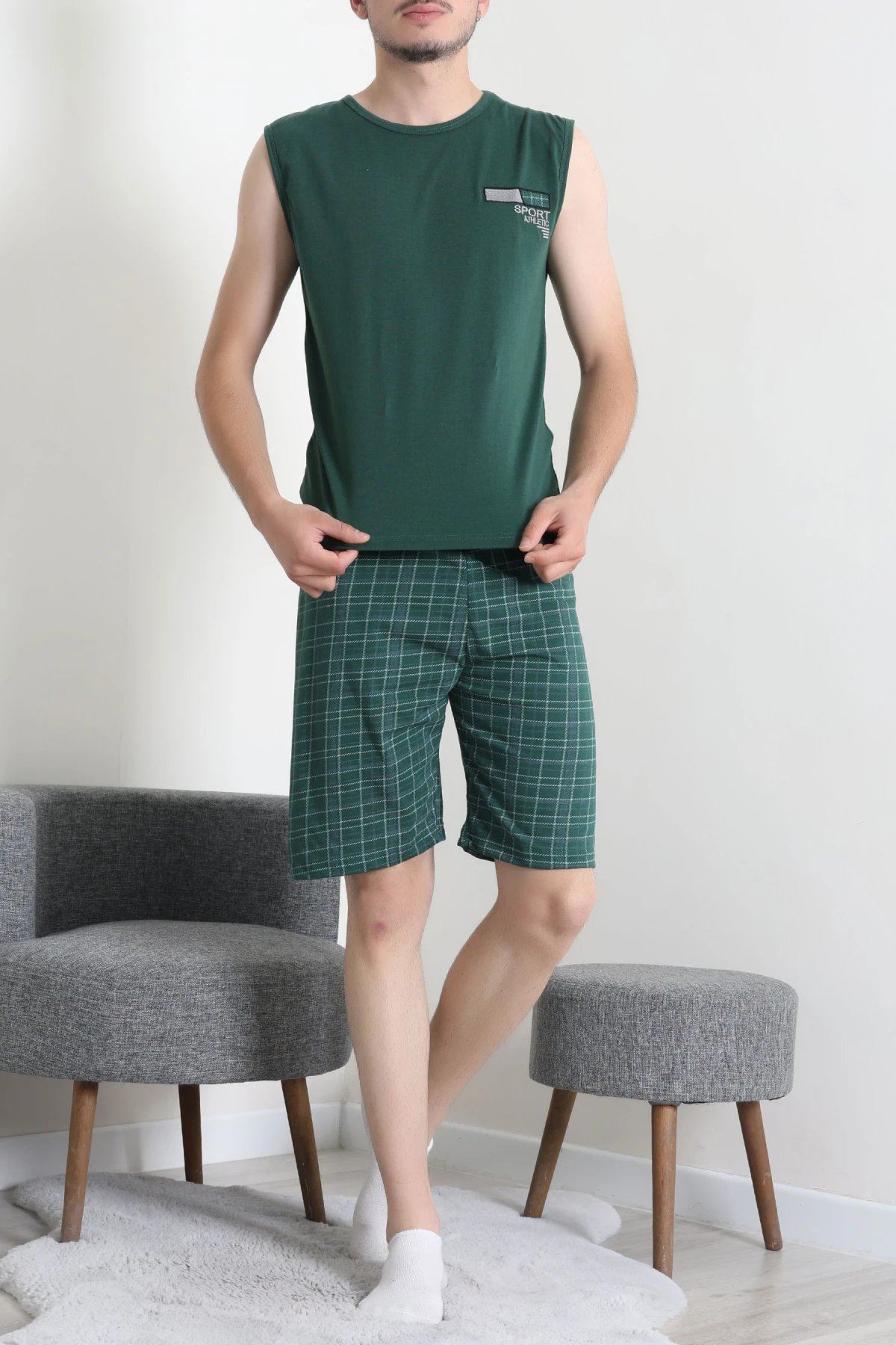 Süprem Ekose Şortlu Erkek Pijama Takım Yeşil