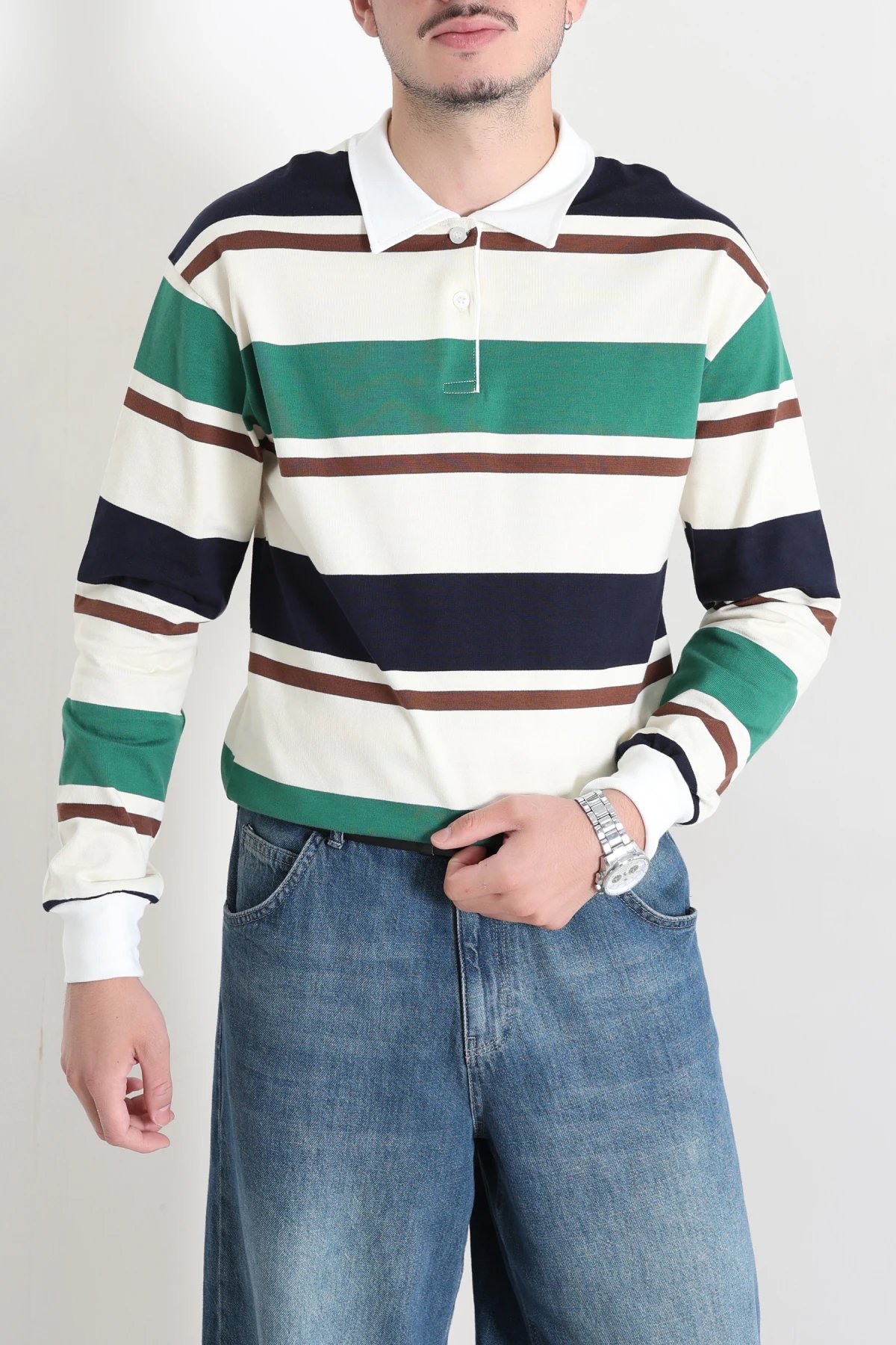 Polo Yaka Çizgili İnterlok Erkek Sweat Yeşilbeyaz