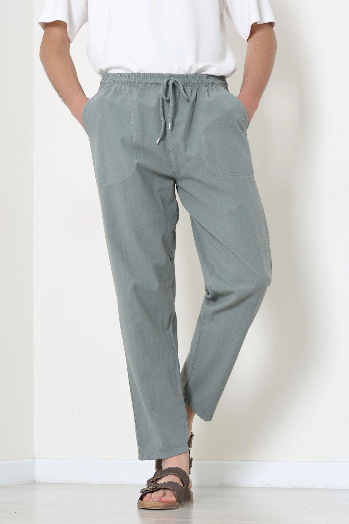 Beli Lastikli Keten Rahat Kesim Erkek Pantolon Haki - 71607.2170.