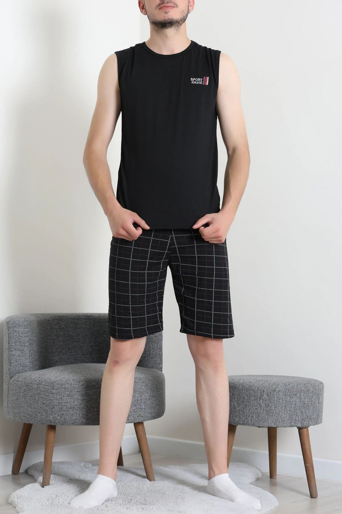 Süprem Ekose Şortlu Erkek Pijama Takım Siyahanti