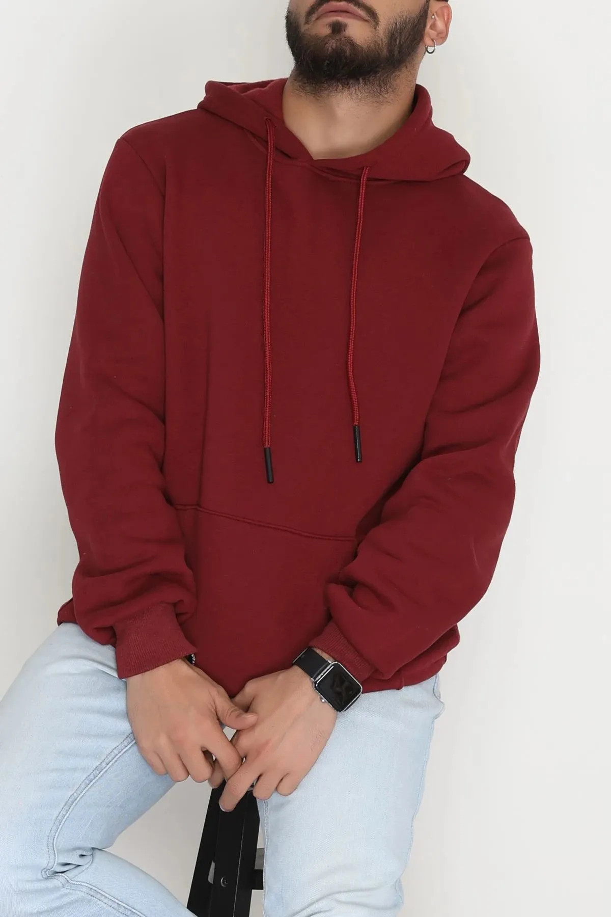 Kanguru Cepli Şardonlu 3 İplik Erkek Sweat Bordo