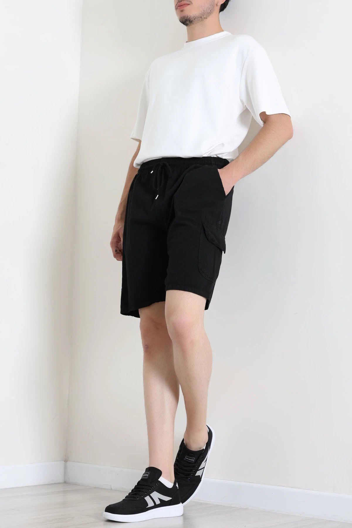 Keten Beli Lastik Kargo Cep Şort Siyah - 75184.2170.