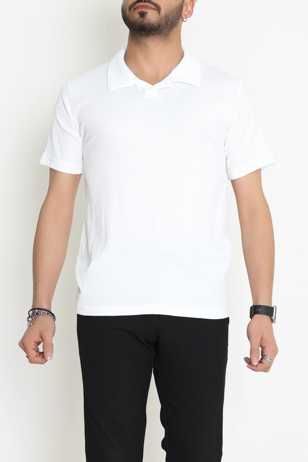 Polo Yaka Bürümcük Erkek Tişört Beyaz - 70928.1937.