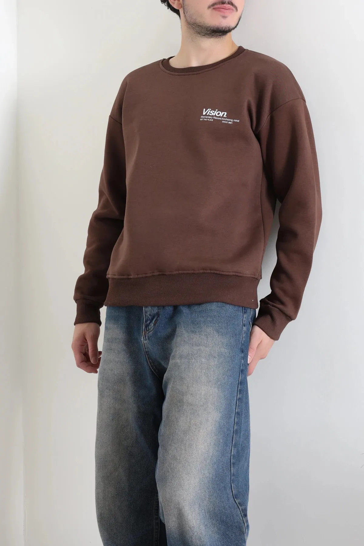 Bisiklet Yaka Baskılı Şardonlu 3 İplik Erkek Sweat Açık Kahve