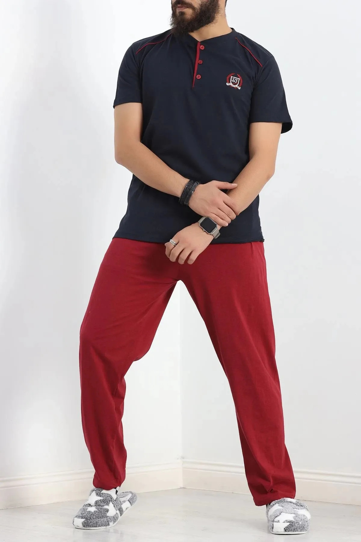 Düğmeli Erkek Pijama Takımı Lacibordo