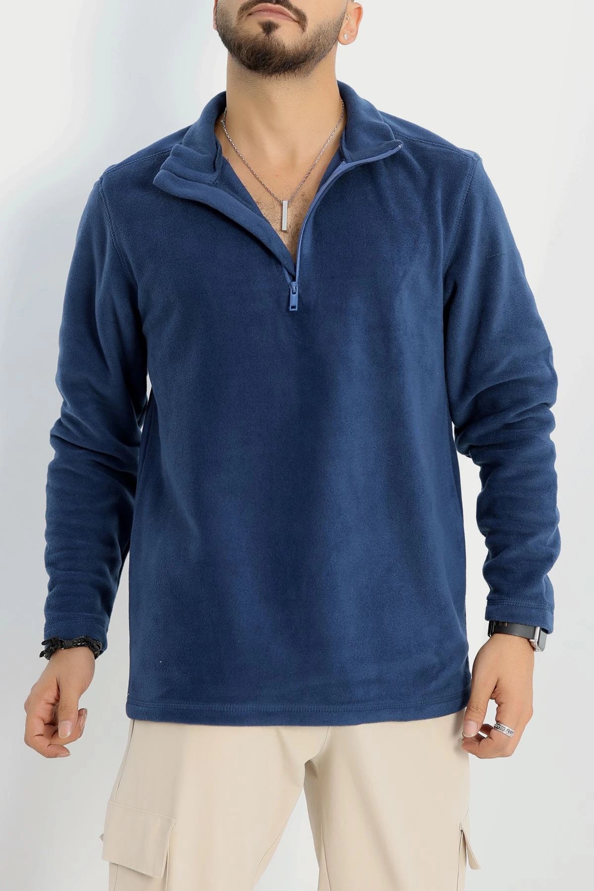 Yarım Fermuar Erkek Polar Sweat İndigo