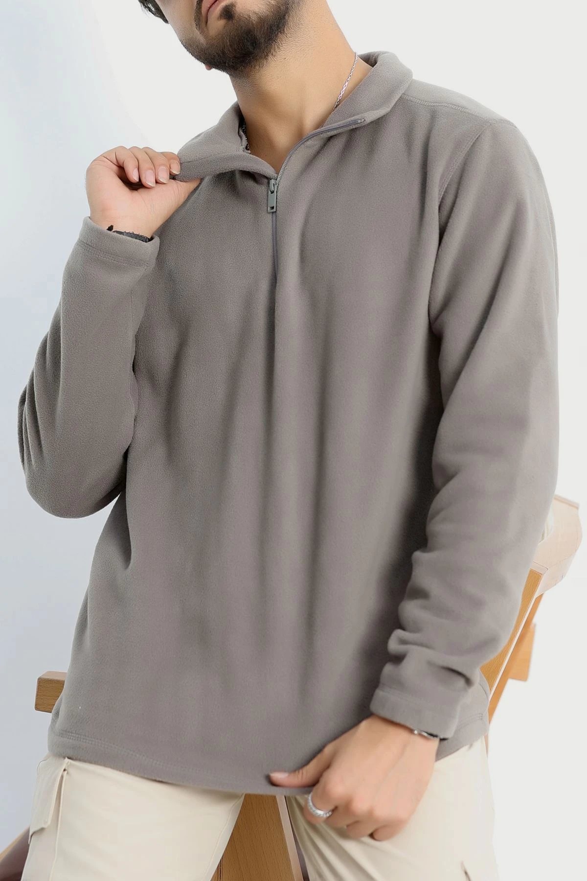Yarım Fermuar Erkek Polar Sweat Füme