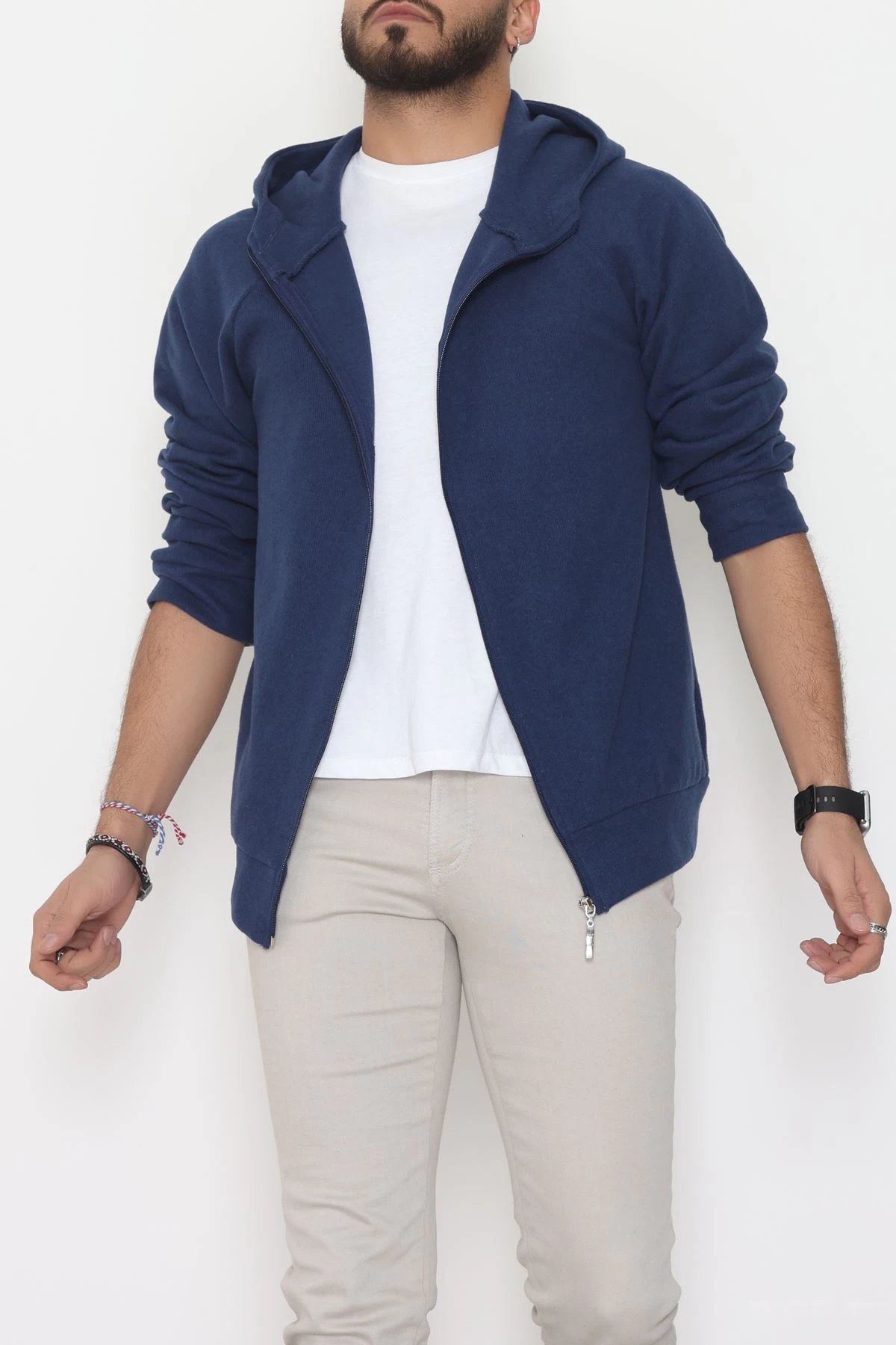 Selanik Kumaş Kapşonlu Erkek Sweat Lacivert