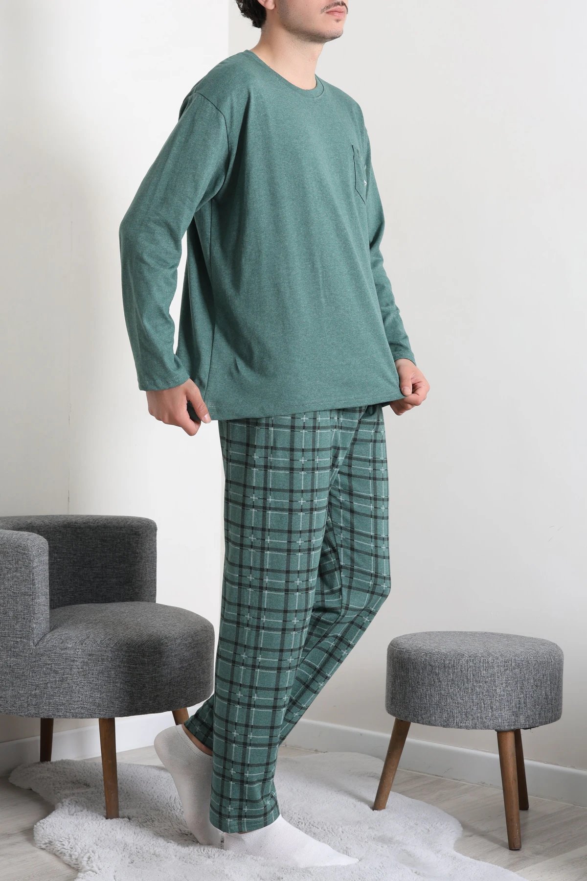 Süprem Ekose Bisiklet Yak Uzun Kol Cepli Erkek Pijama Takımı Yeşil