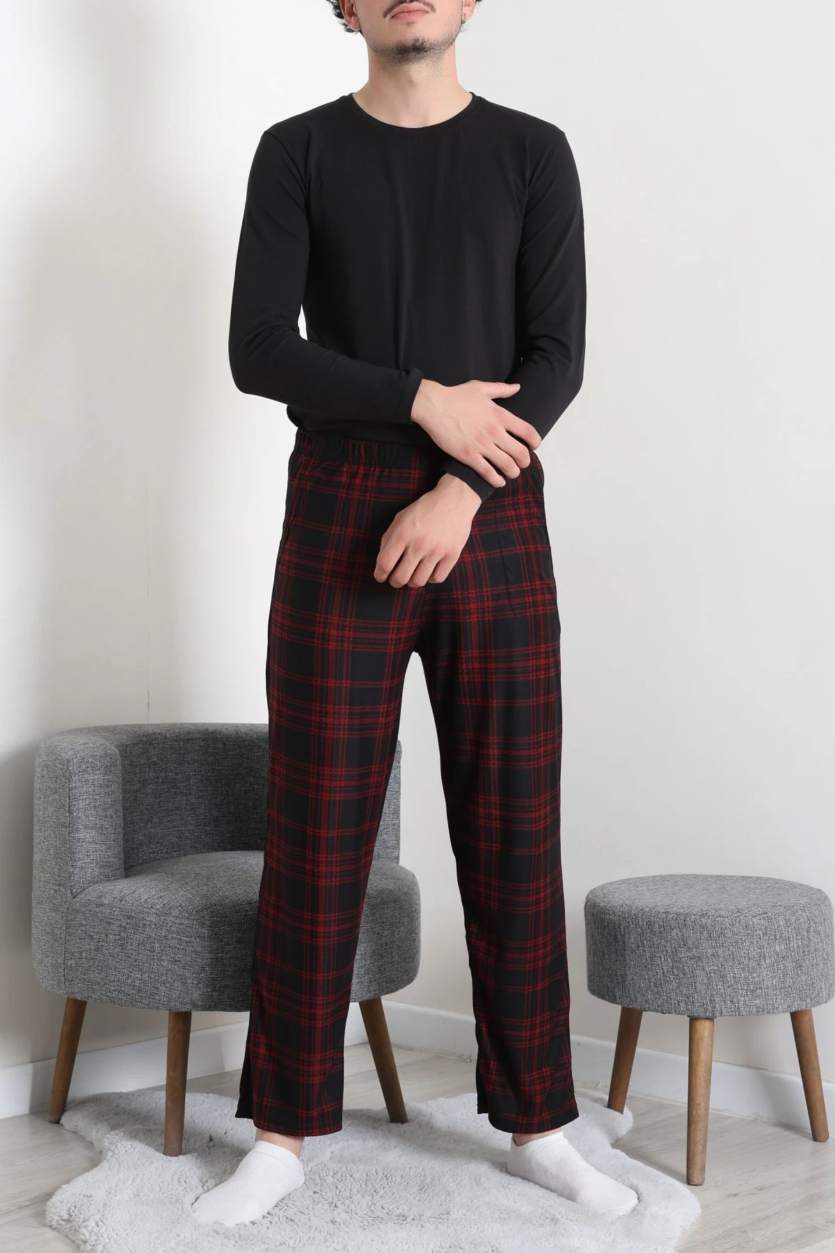 Süet Cepli Erkek Pijama Alt Bordo