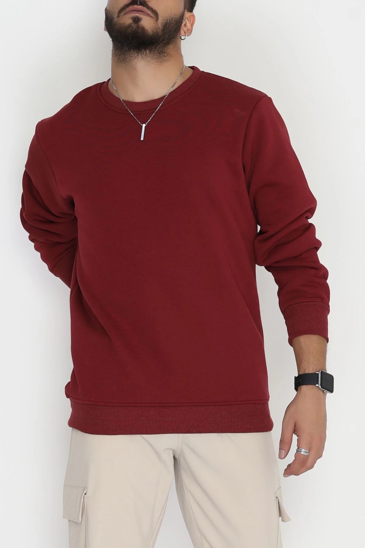 Bisiklet Yaka Şardonlu 3 İplik Erkek Sweat Bordo