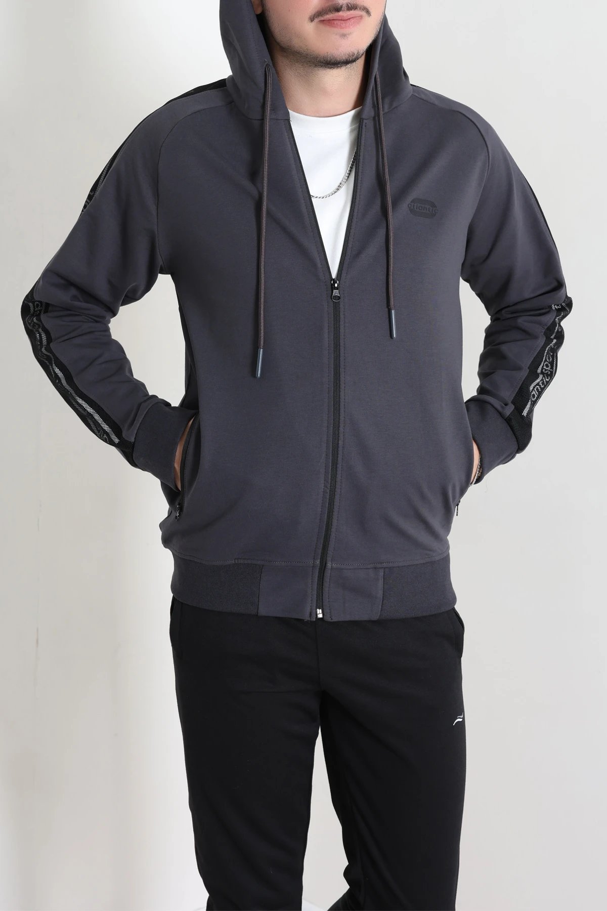 Kapüşonlu Şeritli Fermuarlı 2 İplik Erkek Sweatshirt Antrasit