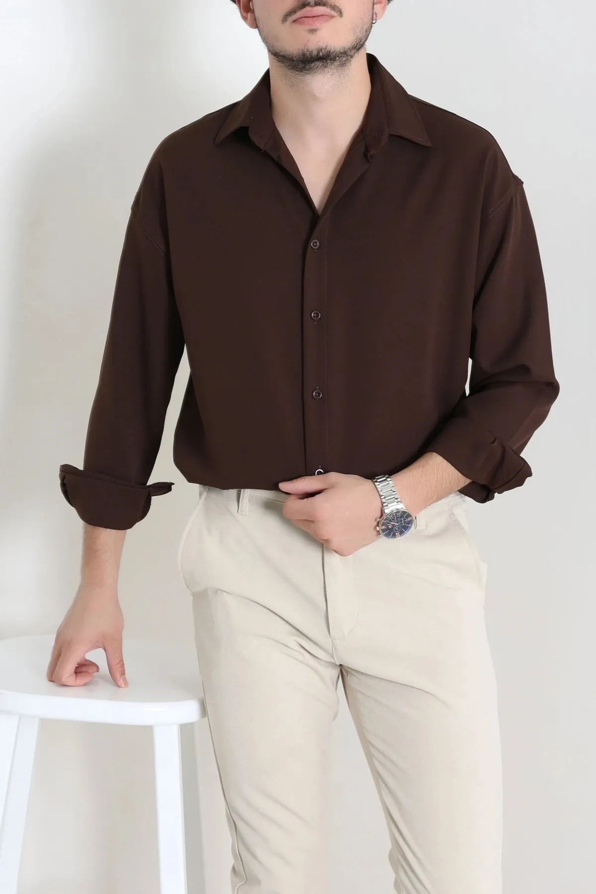 Oversize Dabıl Erkek Gömlek Kahve