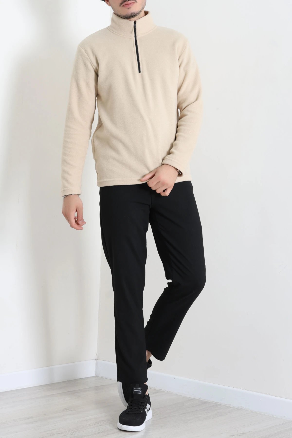 Yarım Fermuarlı Polar Erkek Sweat Bej