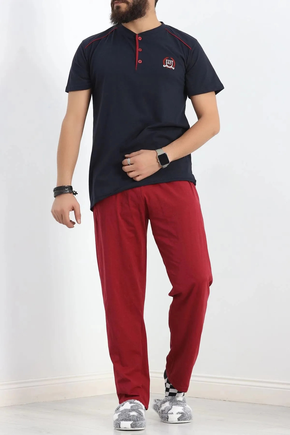 Düğmeli Erkek Pijama Takımı Lacibordo