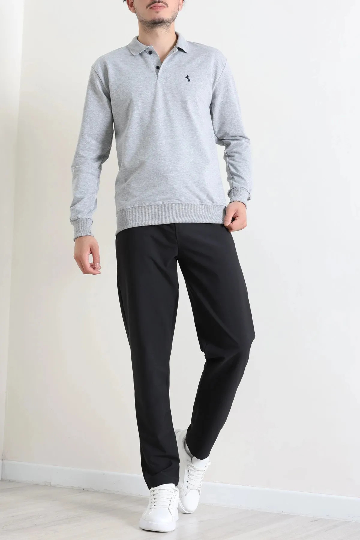 2 İplik Likralı Polo Yaka Erkek Sweat Gri
