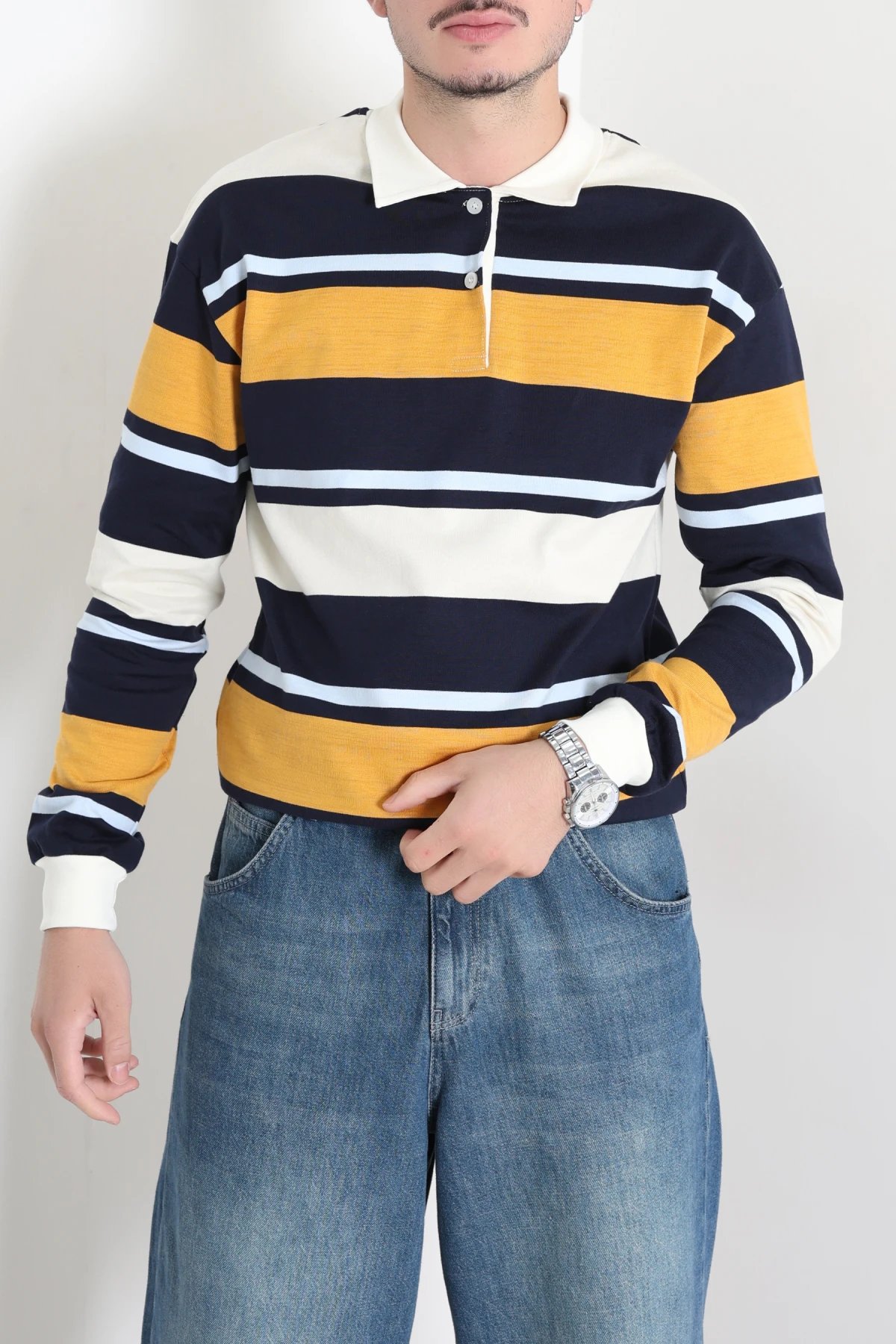 Polo Yaka Çizgili İnterlok Erkek Sweat Lacivertsarı