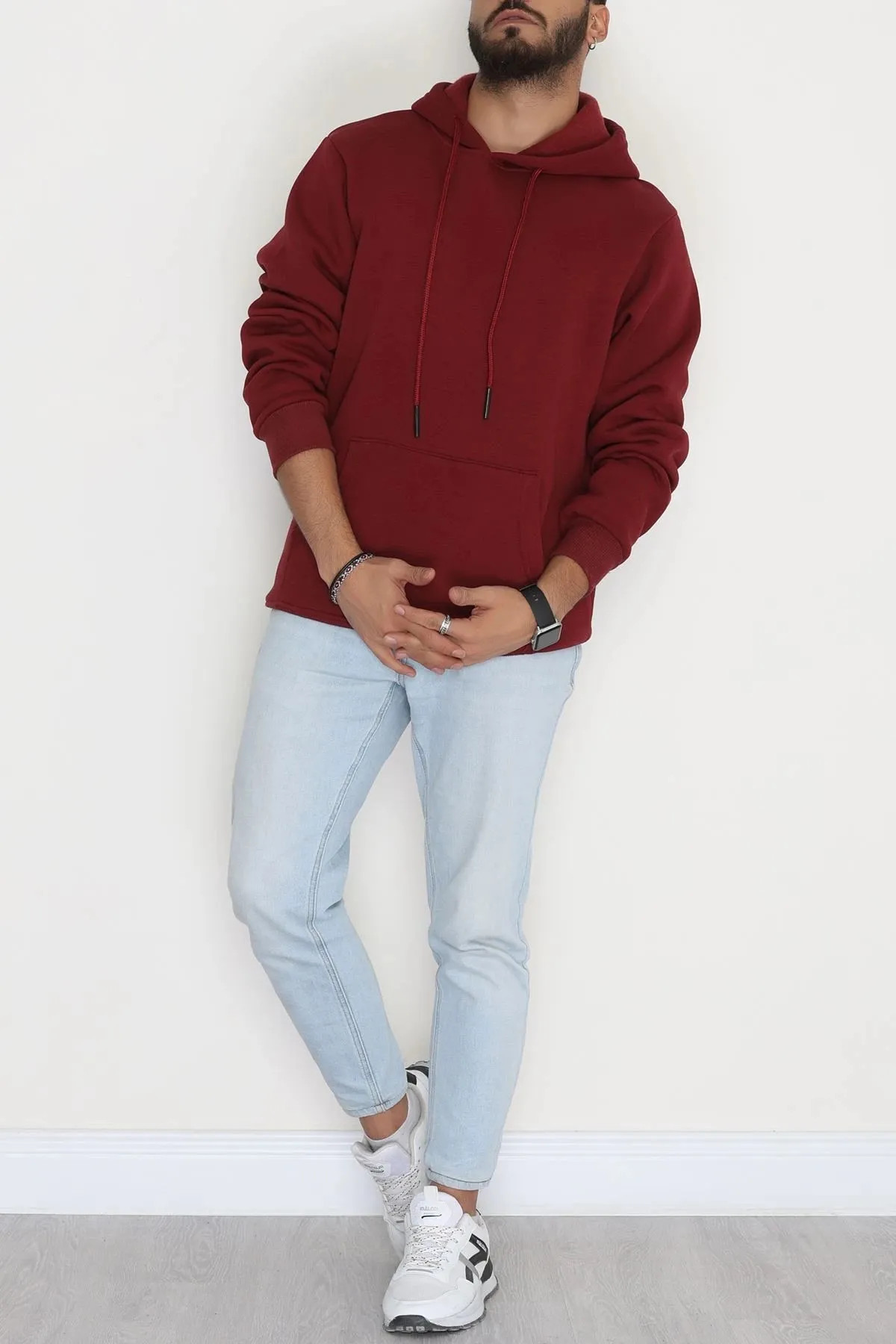 Kanguru Cepli Şardonlu 3 İplik Erkek Sweat Bordo