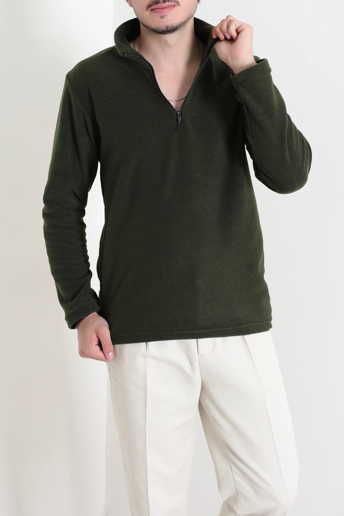 Yarım Fermuarlı Polar Erkek Sweat Haki