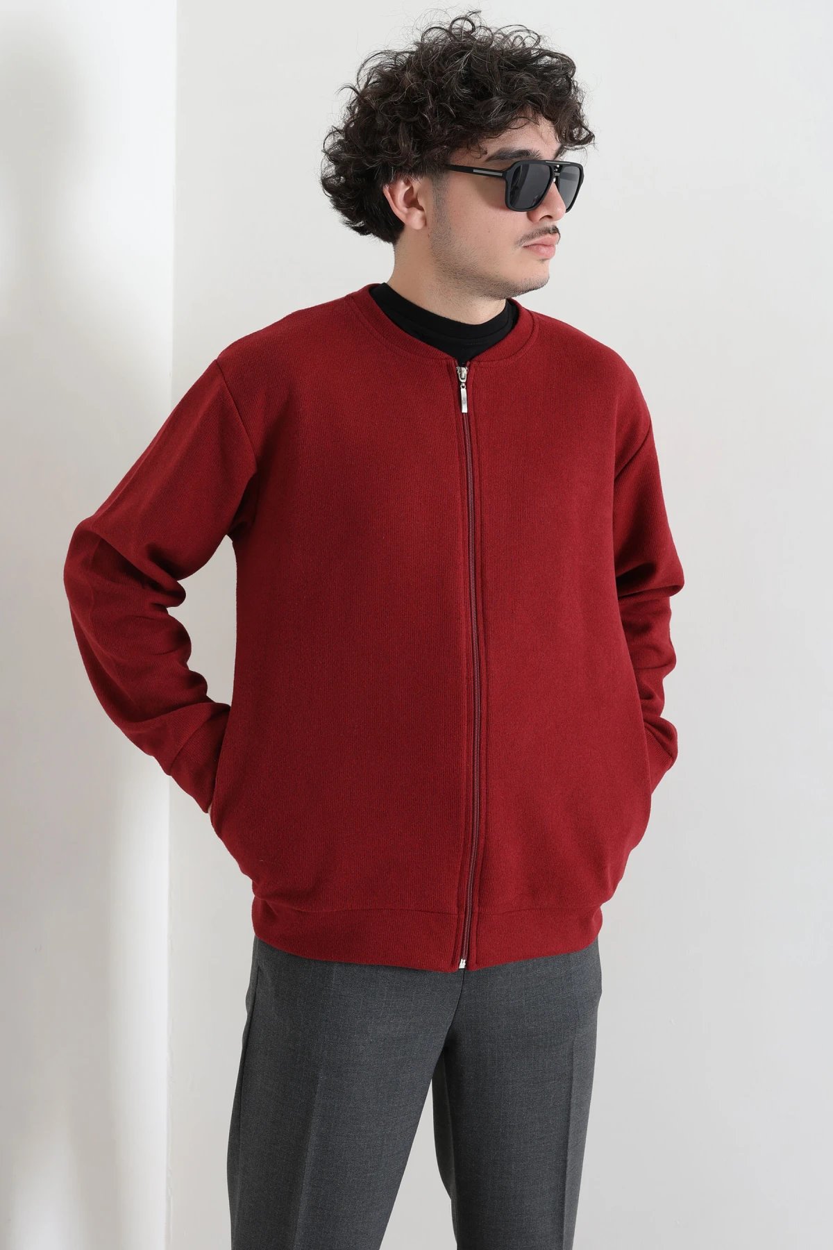 Fermuarlı Selanik Kumaş Erkek Sweat Bordo
