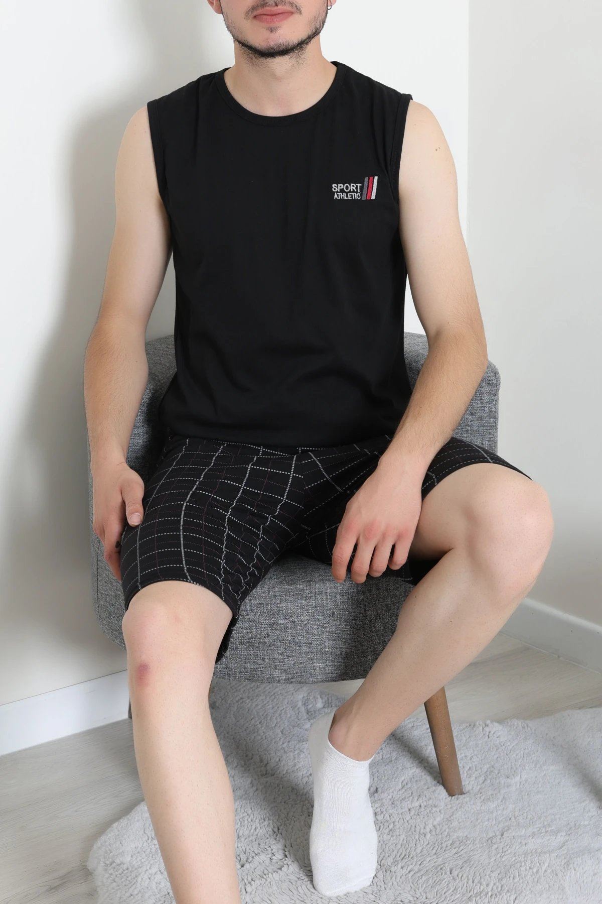 Süprem Ekose Şortlu Erkek Pijama Takım Siyahanti