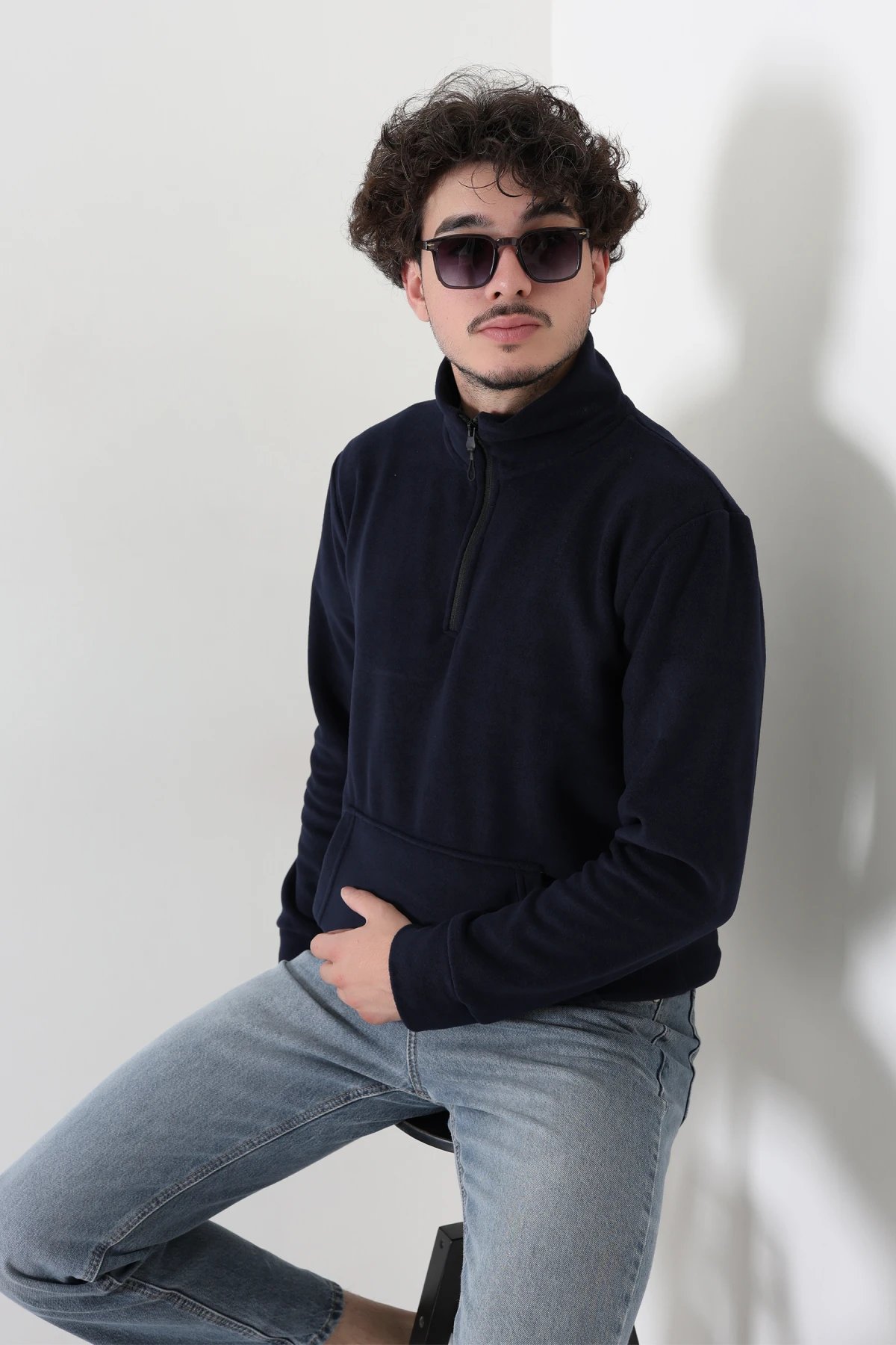 Yarım Fermuar Kanguru Cepli Erkek Polar Sweat Lacivert