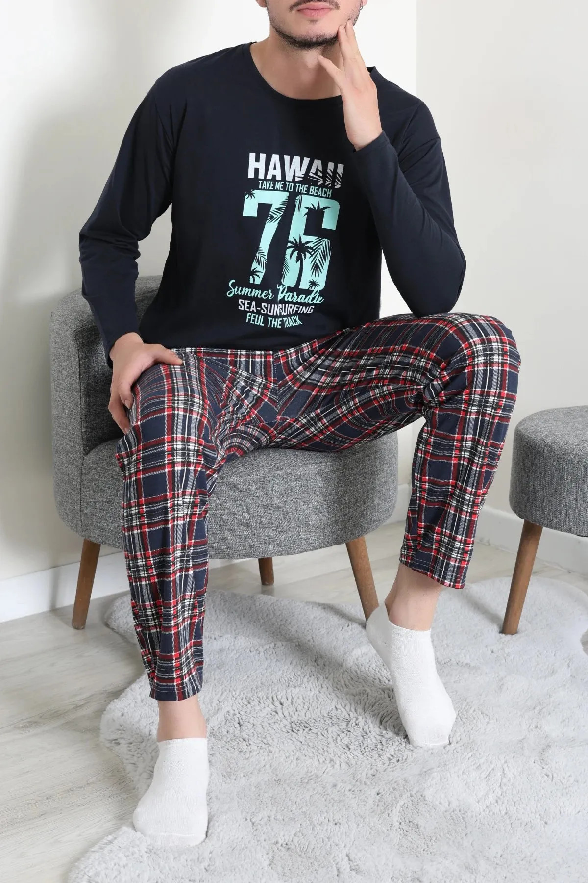 Baskılı Erkek Pijama Takımı Koyulaci