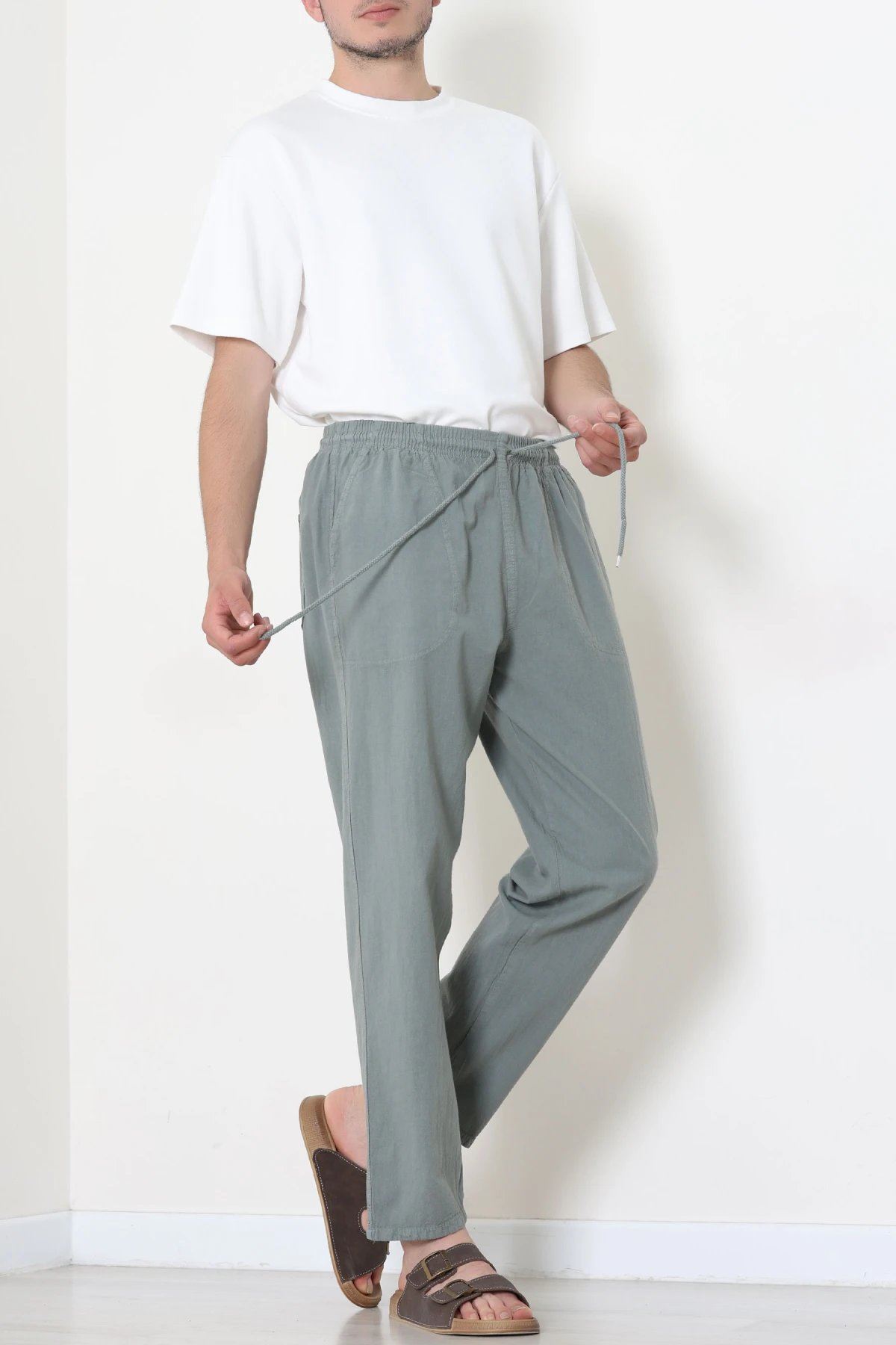 Beli Lastikli Keten Rahat Kesim Erkek Pantolon Haki - 71607.2170.