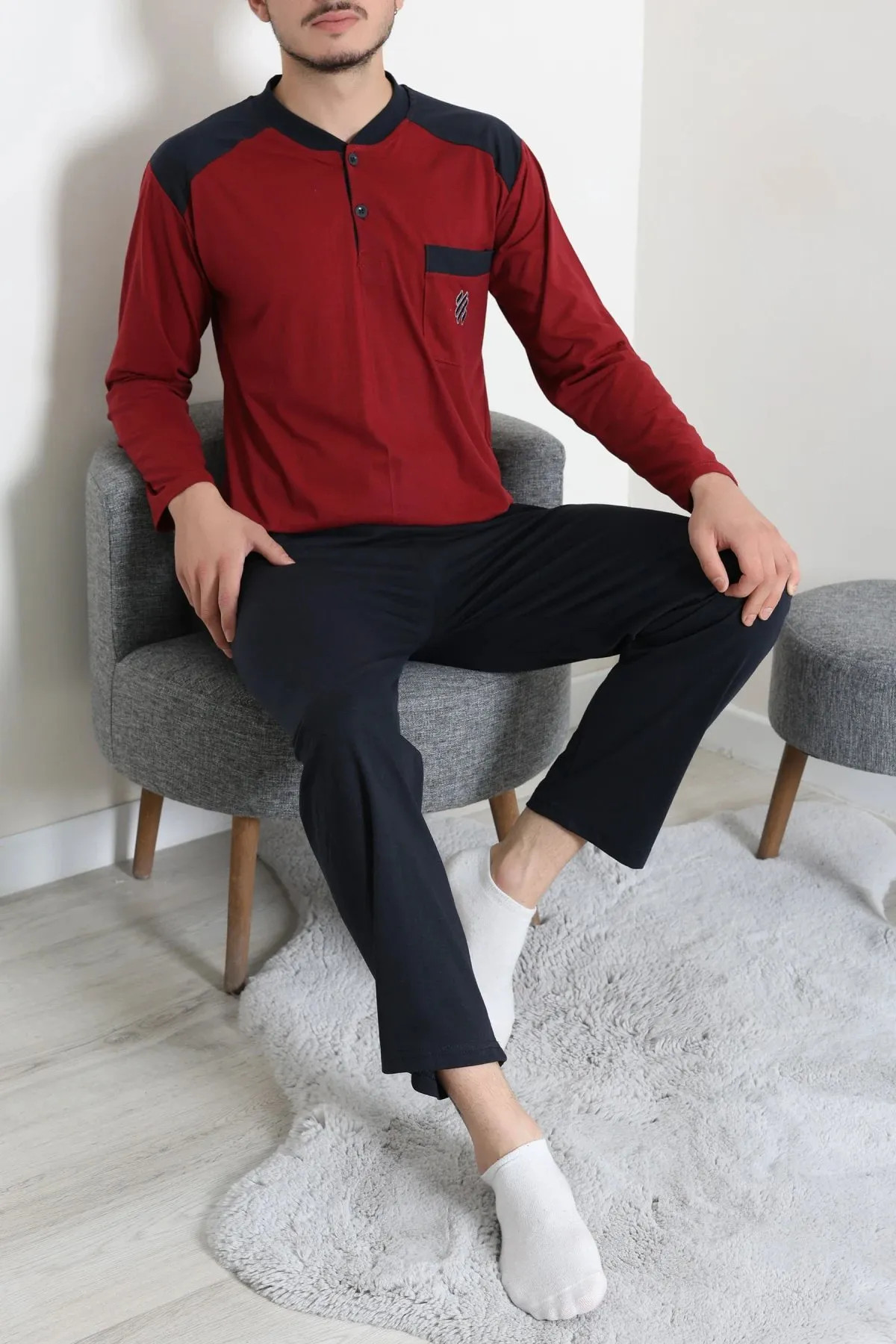 Süprem Nakışlı Erkek Pijama Takımı Bordo Model TV-96898