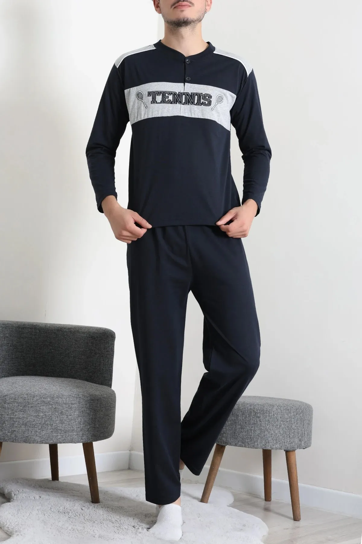 Süprem Patlı Garnili Erkek Pijama Takımı Lacivert