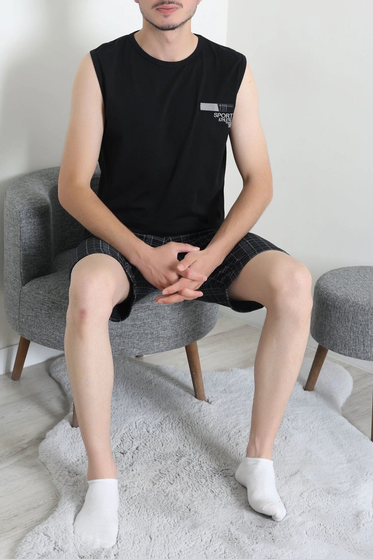 Süprem Ekose Şortlu Erkek Pijama Takım Siyahanti