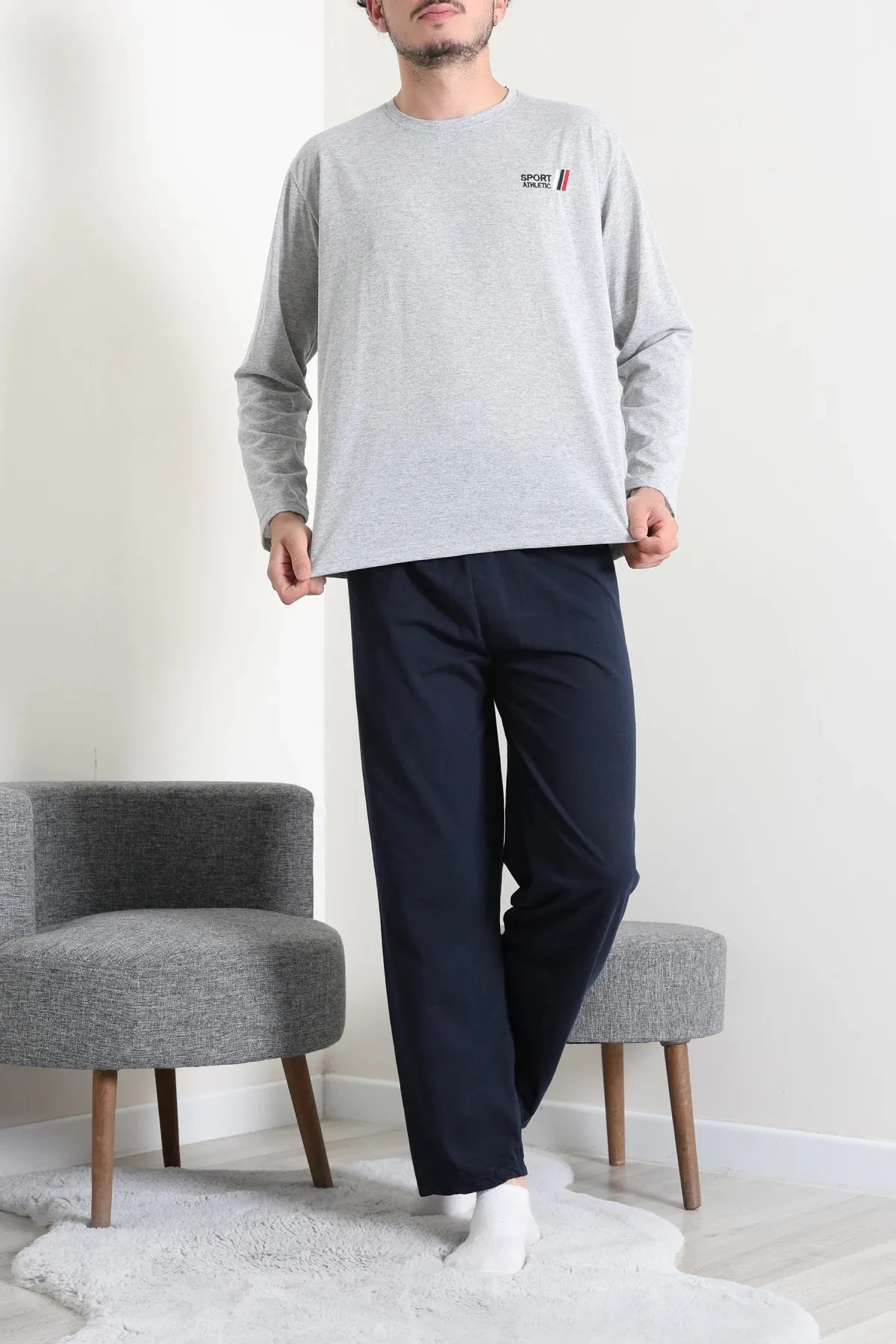 Süprem Nakışlı Erkek Pijama Takımı Gri Model TV-96905