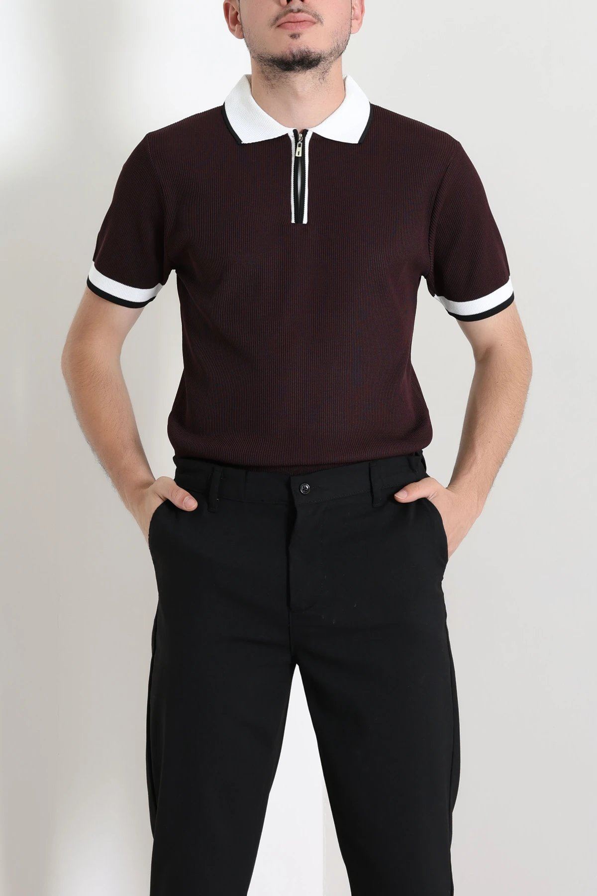 Polo Yaka Fermuarlı Kısa Kollu Erkek Triko Mürdüm - 71655.518.