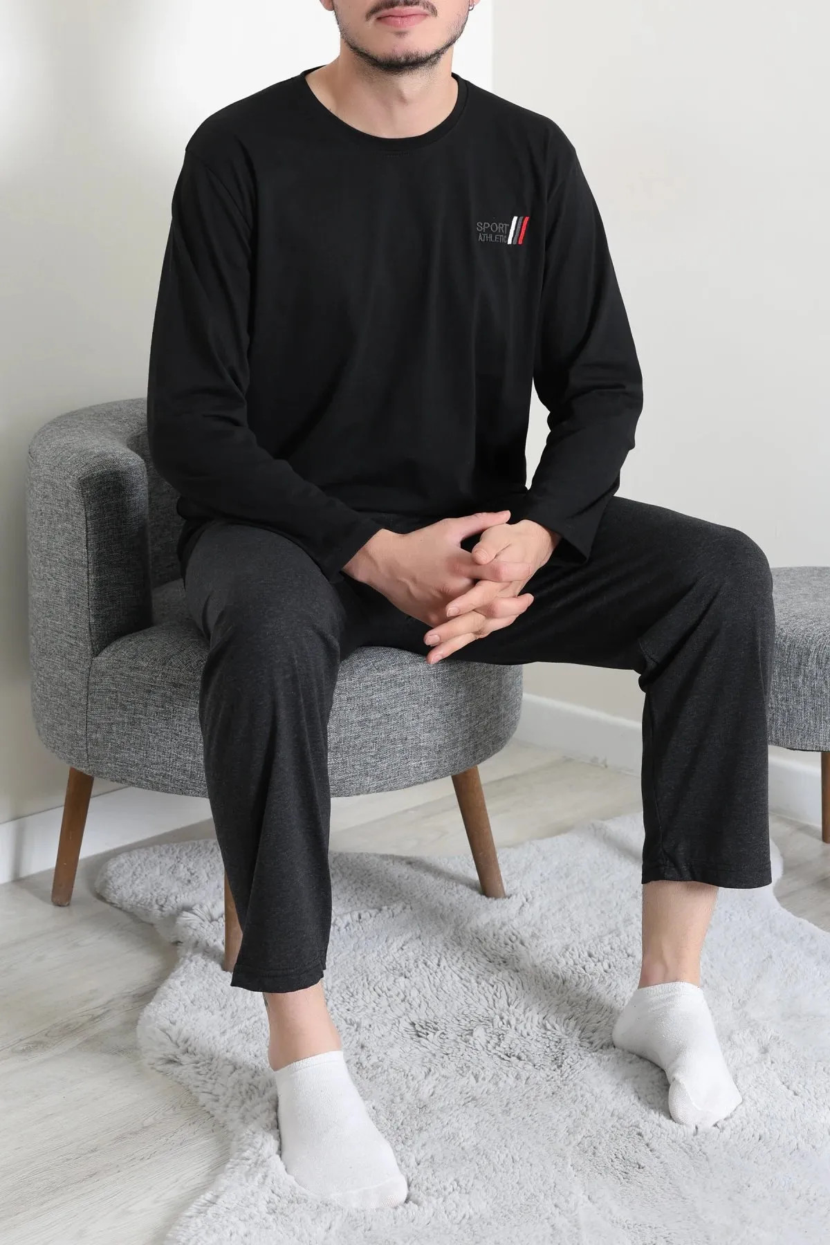Süprem Nakışlı Erkek Pijama Takımı Siyah